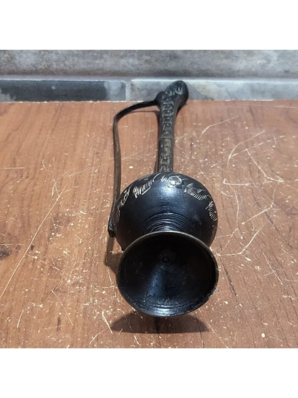 Vintage Etched Brass Ewer Pitcher Black Lacquer Gold Floral